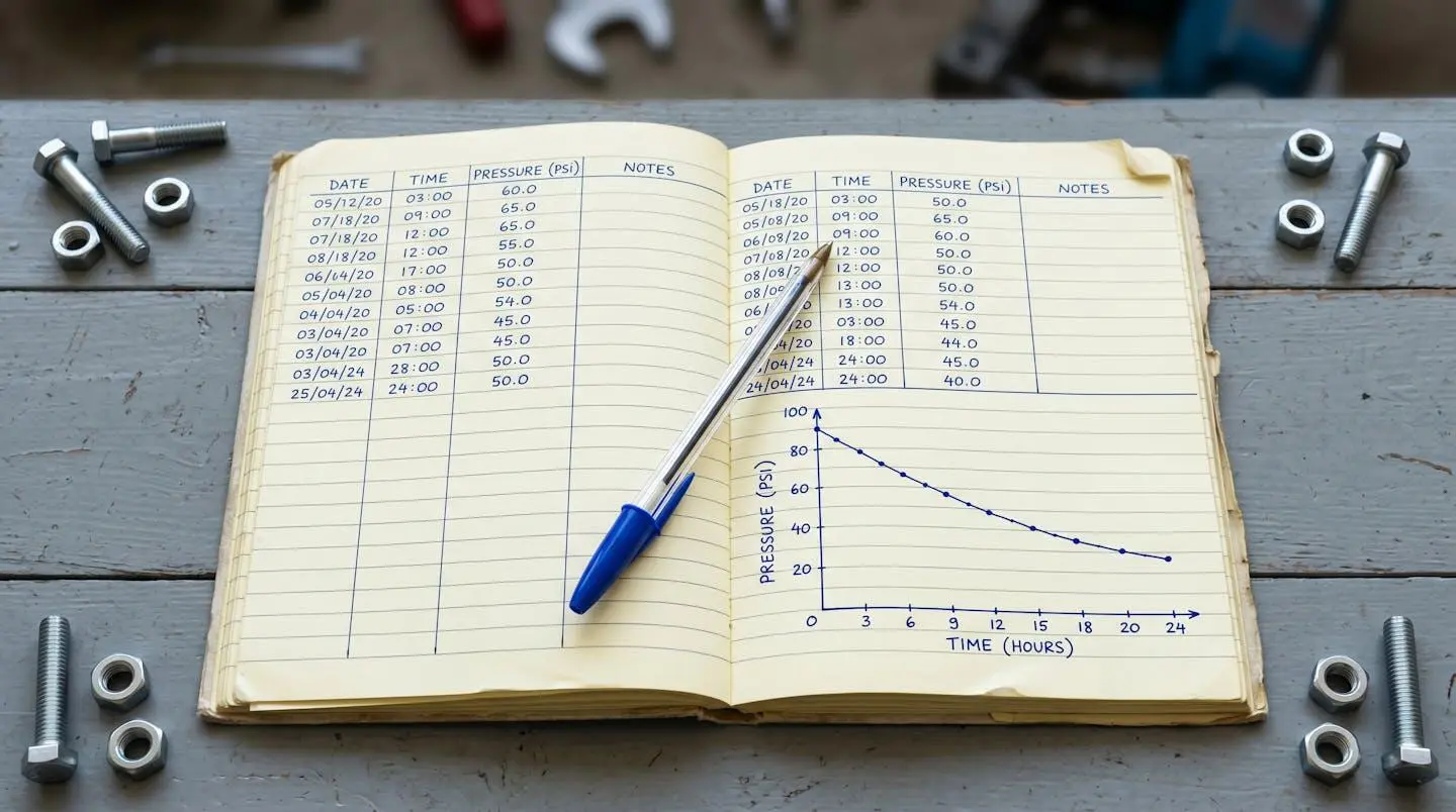 Carnet de maintenance ouvert montrant des relevés de données et un graphique de suivi.