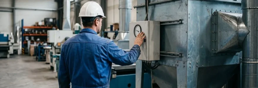 Technicien vérifiant un manomètre sur un dépoussiéreur industriel.
