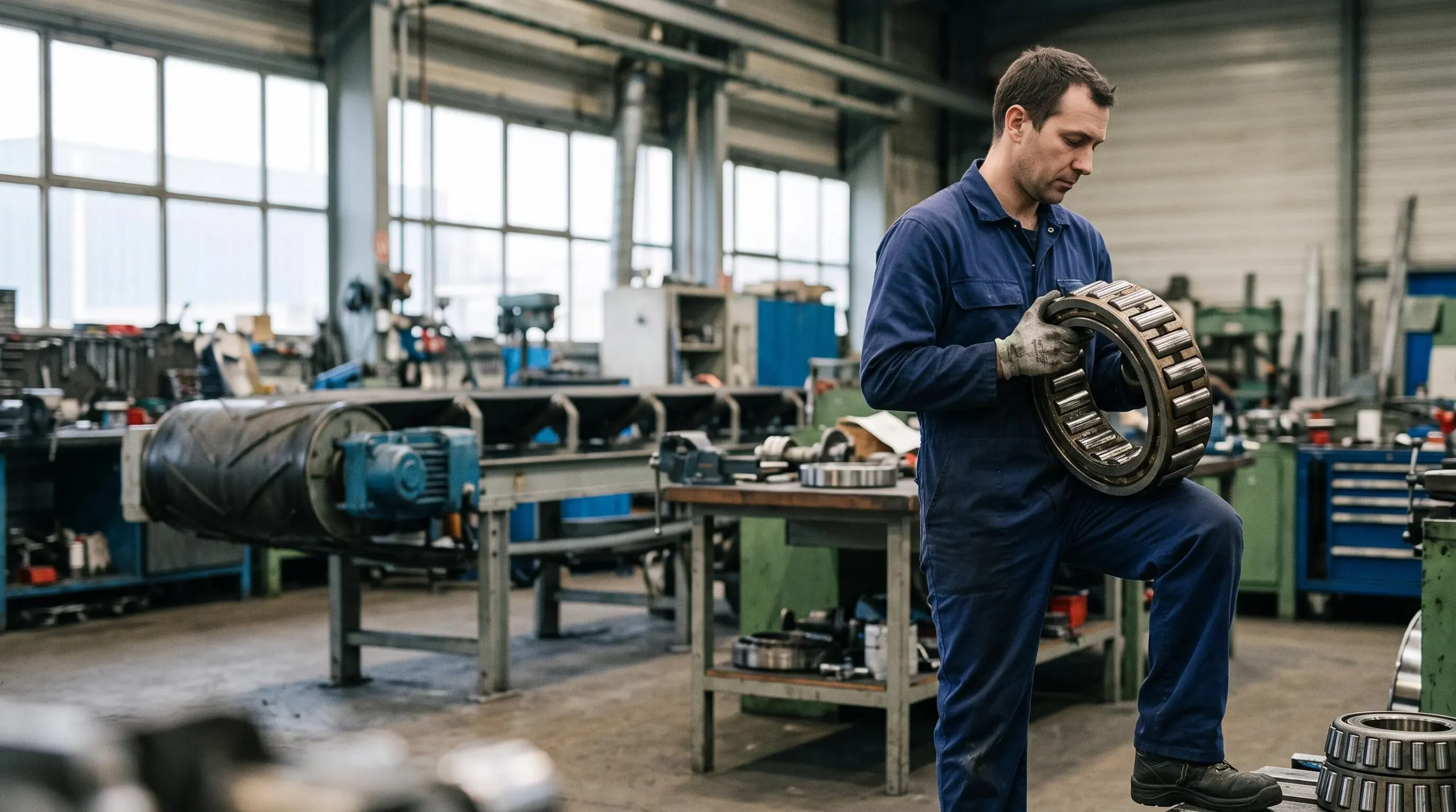 Un technicien de maintenance examine un gros roulement à rouleaux cylindriques dans un atelier industriel.